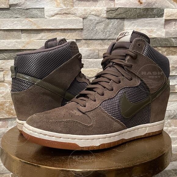 Nike Dunk Sky Hi Wedge 10 | Olive Brown Suede Mesh Sneaker 579763-300 - Picture 1 of 9
